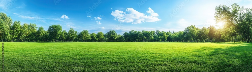 Wide open grassy field freshly watered and ready for sports, jogging, or a casual game of frisbee, outdoor sports setting, refreshing and active environment Wide open grassy field freshly watered and ready for sports, jogging, or a casual game of frisbee, outdoor sports setting, refreshing and active environment