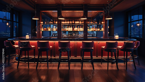 Bar interior with bar chairs and lights at night. Night scene