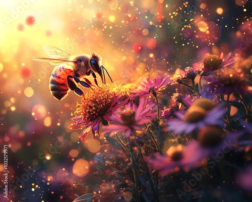 A dynamic image of bees actively pollinating colorful flowers, enhancing the growth and vitality of the plants in a thriving ecosystem photo