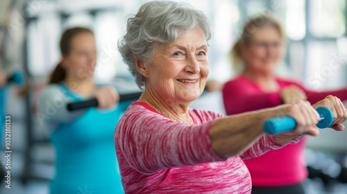 A lively seniors' fitness program with elderly participants exercising in a modern gym, using light weights and resistance bands, with a friendly instructor guiding the class