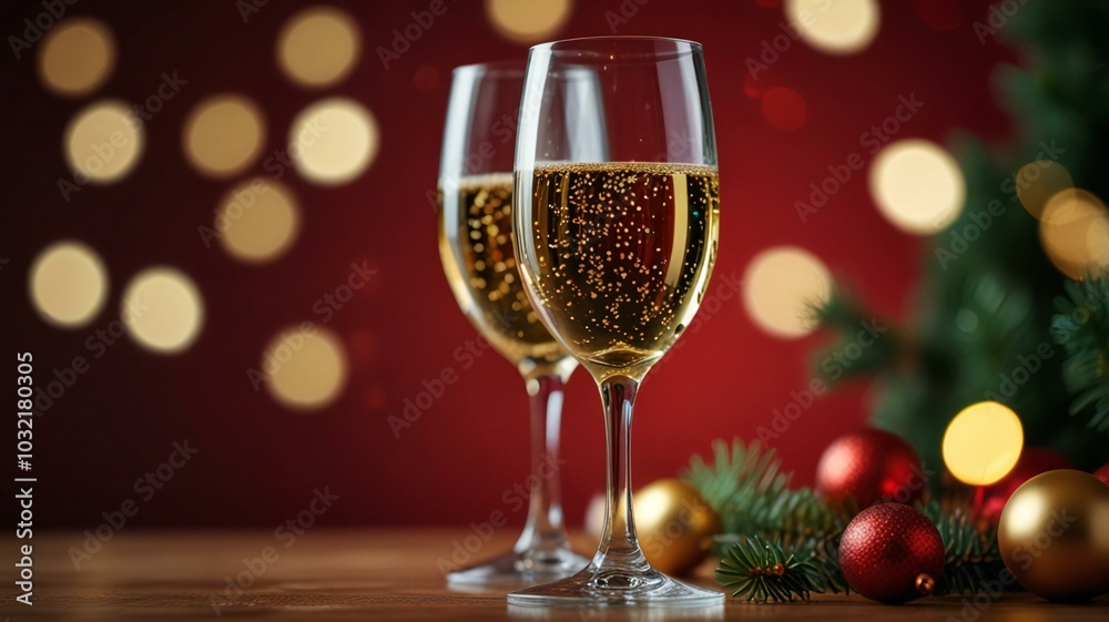 two glasses of champagne and christmas tree