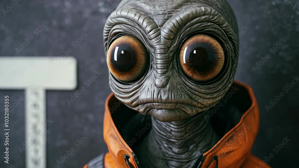 An alien with large eyes and gray skin stands in front of a gray wall, wearing an orange jacket An alien with large eyes and gray skin stands in front of a gray wall, wearing an orange jacket