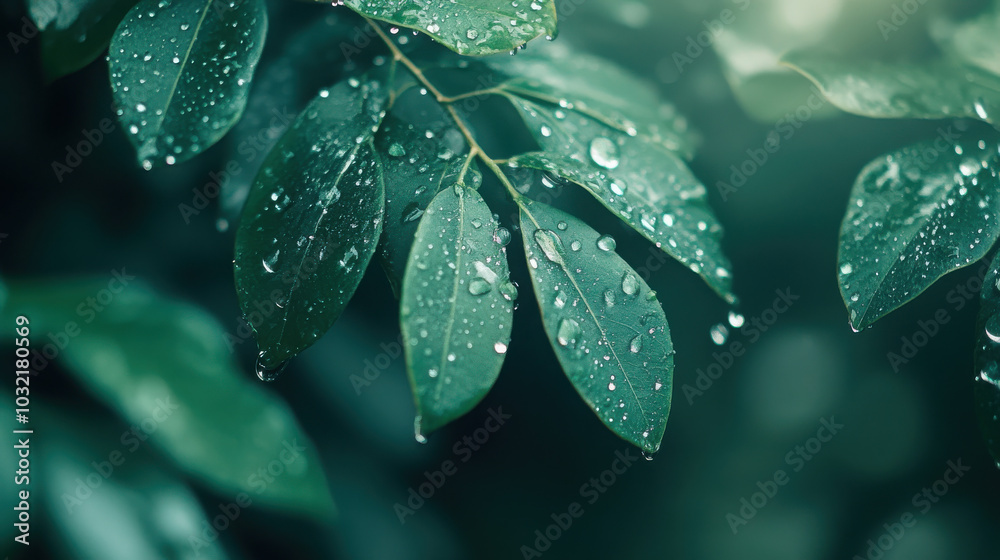 Fototapeta premium Close-up of green leaves with water droplets, showcasing nature's beauty and freshness.