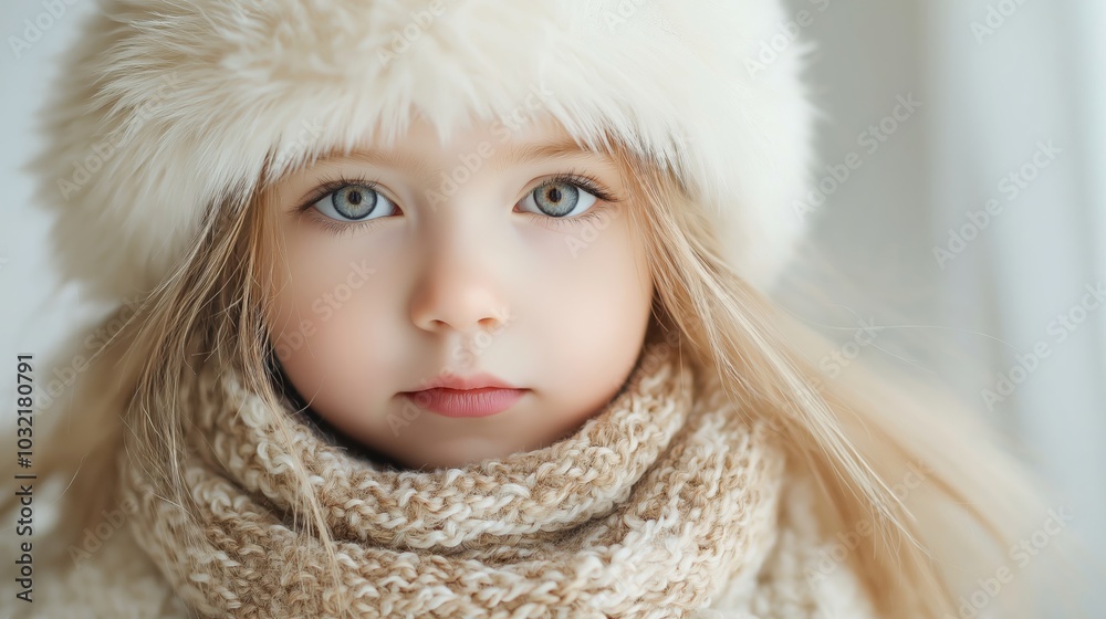 close-up portrait of a beautiful young girl with long blonde hair and blue eyes, wearing a white fur hat and beige knitted scarf, captured in soft natural lighting for a warm, inviting atmosphere