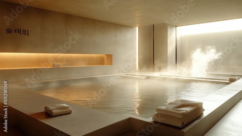 A tranquil Korean bathhouse with large soaking pools, steam rising, and soft lantern lighting creating a restorative atmosphere
