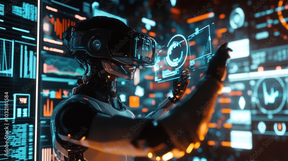 Robot with VR Headset Interacting with Digital Interface Robot with VR Headset Interacting with Digital Interface