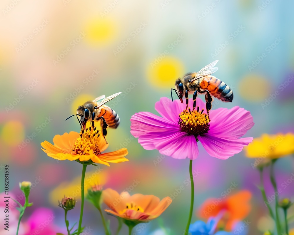 A vibrant scene of bees pollinating a spectrum of colorful flowers, emphasizing their crucial role in aiding plant growth and maintaining balance in nature A vibrant scene of bees pollinating a spectrum of colorful flowers, emphasizing their crucial role in aiding plant growth and maintaining balance in nature