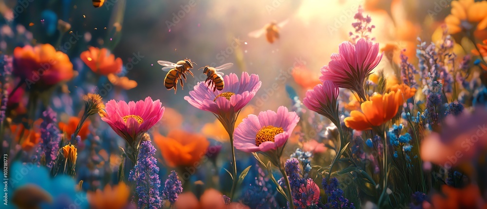 A vivid scene of bees buzzing among colorful flowers, pollinating and helping plants grow in a dynamic, thriving natural environment A vivid scene of bees buzzing among colorful flowers, pollinating and helping plants grow in a dynamic, thriving natural environment