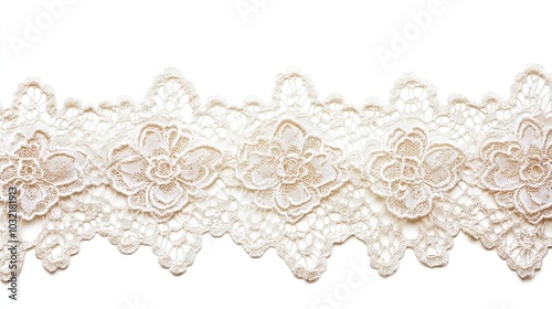 beautiful high-resolution close-up photograph of ivory lace trim with an intricate floral design, isolated on a white background, showcasing delicate craftsmanship and fine detailing