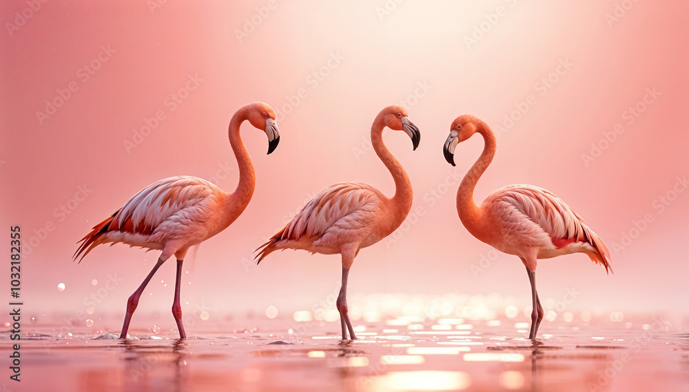 Fototapeta premium 3 flamingos, a quiet moment on the water