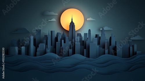 Silhouetted city skyline made from paper cut layers, urban art with depth and clean lines, ideal for architectural or corporate projects photo