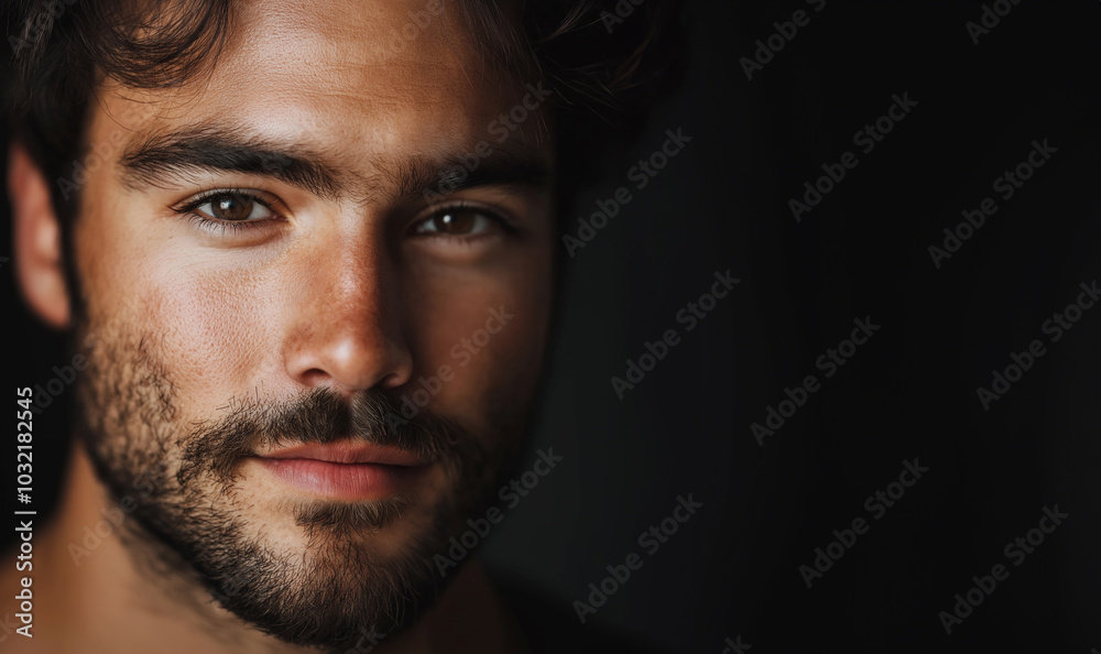 Young man's intense gaze captured against a moody dark backdrop, conveying depth and reflection with brown hues. Young man's intense gaze captured against a moody dark backdrop, conveying depth and reflection with brown hues.