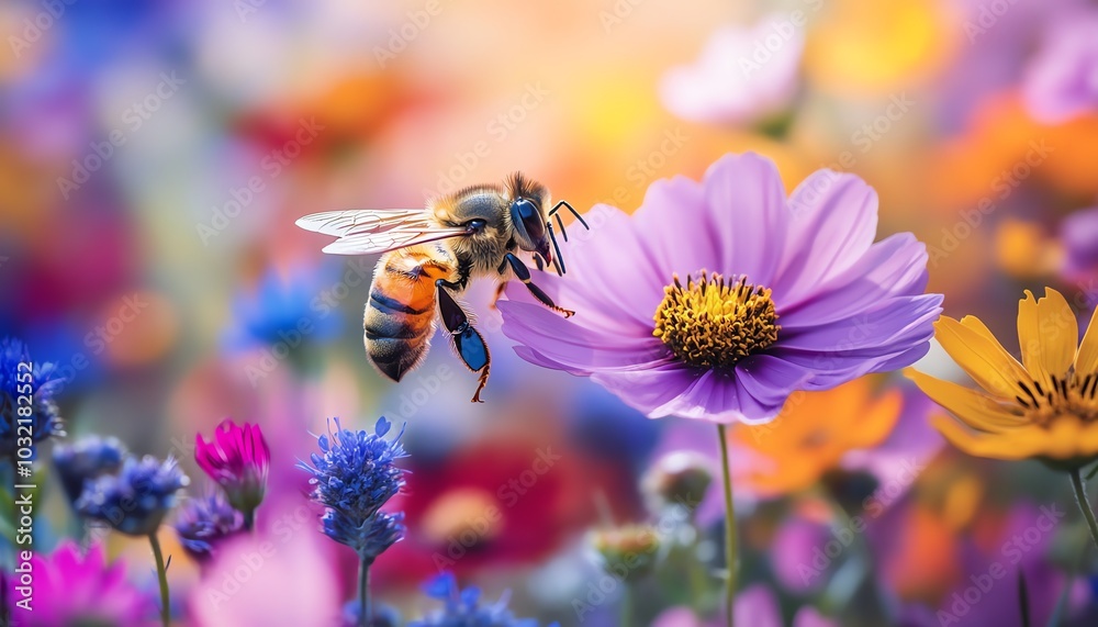 Bees diligently pollinating vibrant flowers, showcasing their essential role in aiding plant growth and maintaining ecological balance in a colorful landscape Bees diligently pollinating vibrant flowers, showcasing their essential role in aiding plant growth and maintaining ecological balance in a colorful landscape