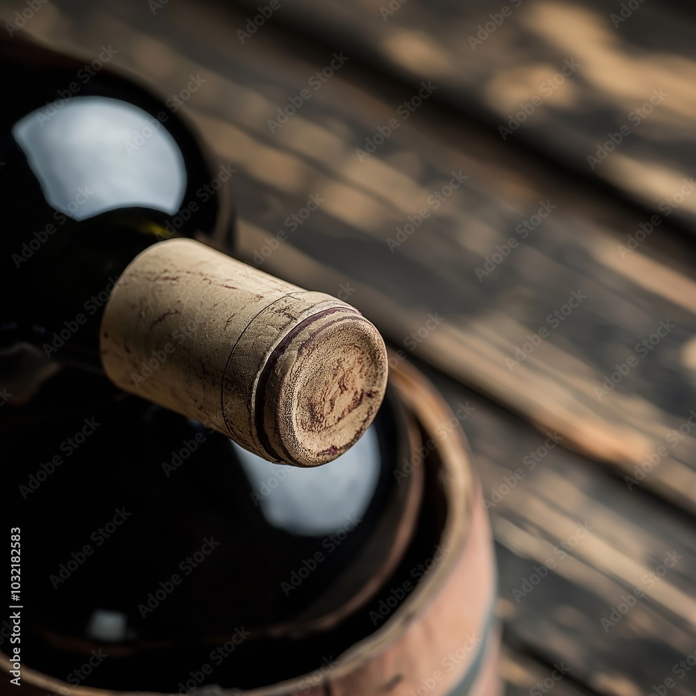 Obraz premium A corked wine bottle lies atop a rustic wooden barrel, representing aged tradition and fine winemaking.