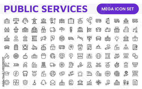 Set of outline Public Services icons. Minimalist thin linear web icon set. Line icons related to public utilities. Gas, electricity, water, heating.