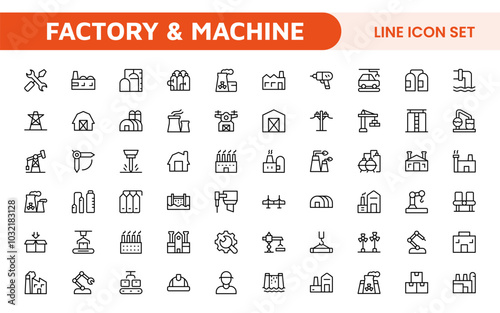 Factory and Machine Icons Collection: A Versatile Set for Industrial Design, Production Workflows, Machinery, Factory Management, and Engineering Solutions.