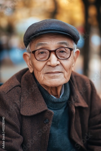 An elderly man with glasses and a hat, embodying wisdom and warmth in an autumn outdoor scene. photo