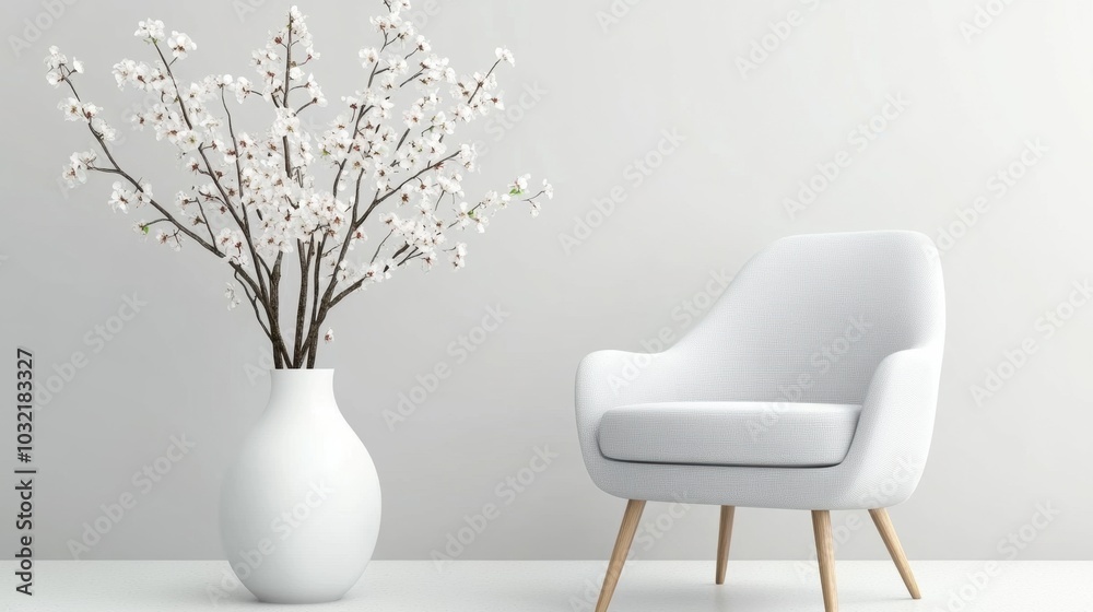 Fototapeta premium A serene modern interior showcasing soft minimalism with a stylish chair and elegant floral arrangement in a tranquil setting