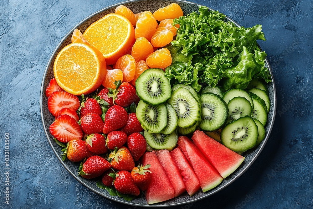A plate of fruit with strawberries, kiwi, oranges, and watermelon A plate of fruit with strawberries, kiwi, oranges, and watermelon
