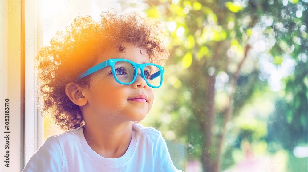 Young child wearing blue glasses focusing on distant tree outside window, symbolizing myopia prevention and importance of outdoor activities. Young child wearing blue glasses focusing on distant tree outside window, symbolizing myopia prevention and importance of outdoor activities.