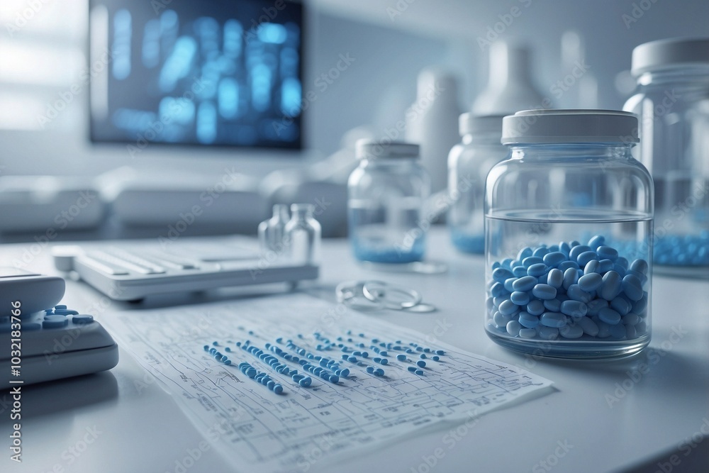 Medical Background Featuring Pills and ECG Graphic Symbolizing Biotechnological Advancements Medical Background Featuring Pills and ECG Graphic Symbolizing Biotechnological Advancements