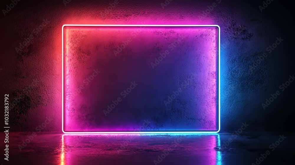 A bright pink and blue neon light frame illuminates a dark, concrete room