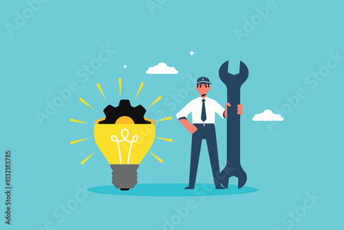 Businessman Constructs Innovation, Building Gears Inside a Lightbulb Idea