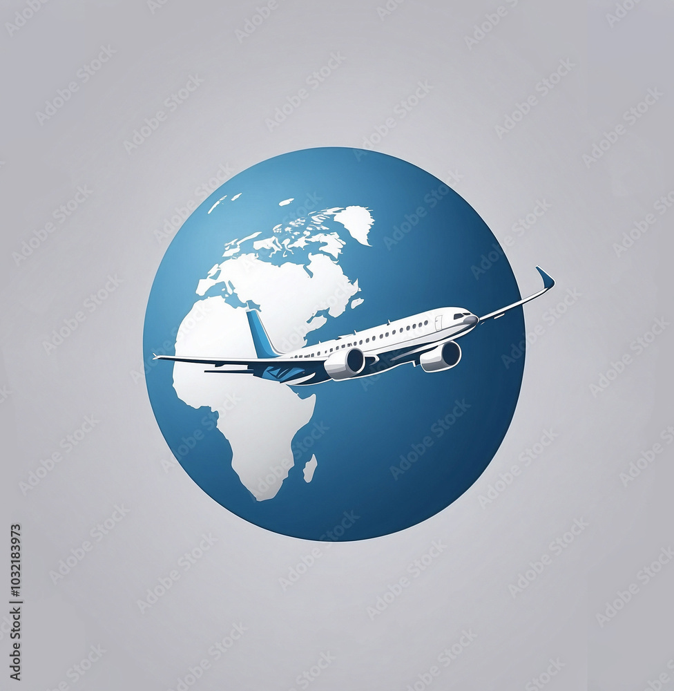 Minimalist Airplane Logo Circling the Globe on a Gray Background
