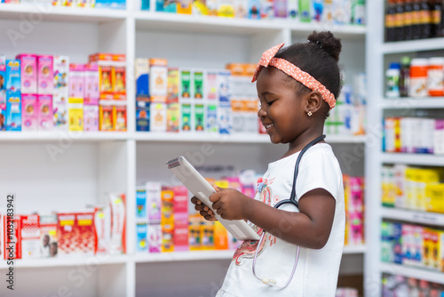 African girl child holding a digital tablet and standing in a pharmacy. Dreams of becoming a pharmacist in future. photo