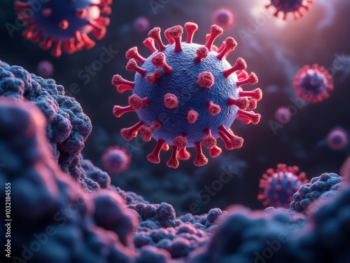 Microscopic view of colorful virus particles floating above cell surfaces, illustrating viral infection and medical research in a biological environment