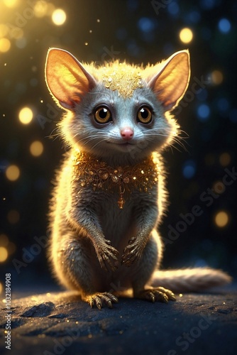 Cute Little Galago Standing in the Dark with a Glowing Golden Aura