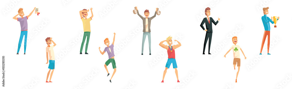 Happy Man Character Rejoice with Achievement and Success Vector Set Happy Man Character Rejoice with Achievement and Success Vector Set