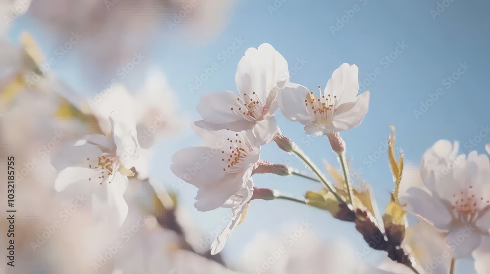 Delicate white cherry blossoms against a blue sky. Delicate white cherry blossoms against a blue sky.