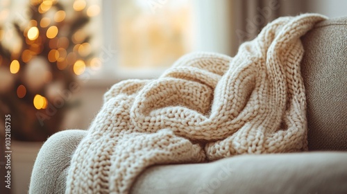 A soft knitted throw blanket draped over an armchair, with a blurred Christmas tree in the background.