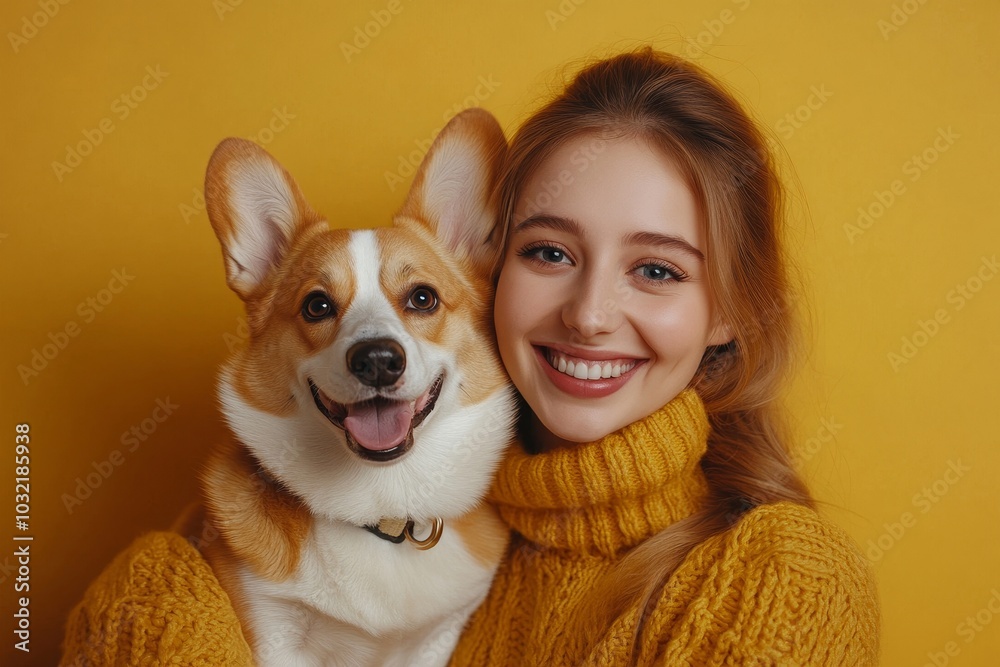 Charming young European woman sitting happily with her cute corgi dog and smiling at camera against bright yellow background, full length, free space, Generative AI