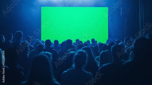 3d realistic render of crowd looking to big huge green screen monitor chroma key crowds audience people watching outdoors public display blue lighting atmosphere location place horizontal composition