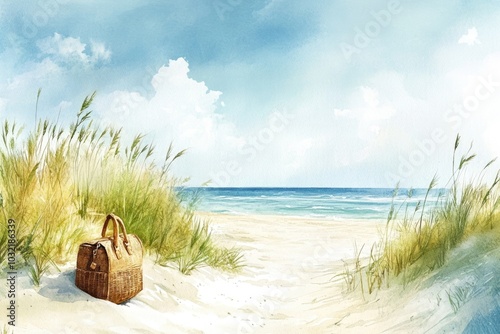Seaside Serenity: Watercolor Illustration of a Coastal Landscape with Beach Bag on Sand