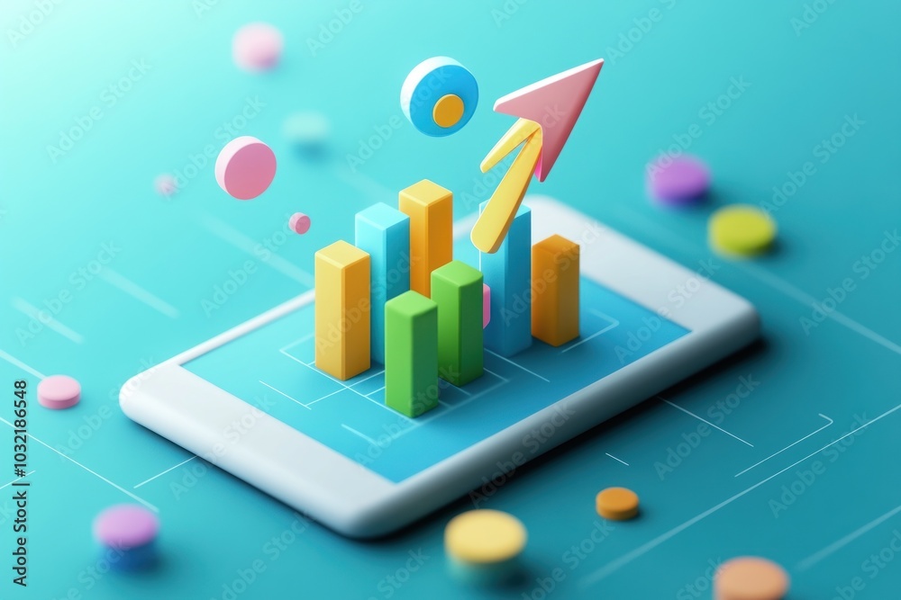 Smartphone with Colorful 3D Chart and Upward Arrow Smartphone with Colorful 3D Chart and Upward Arrow