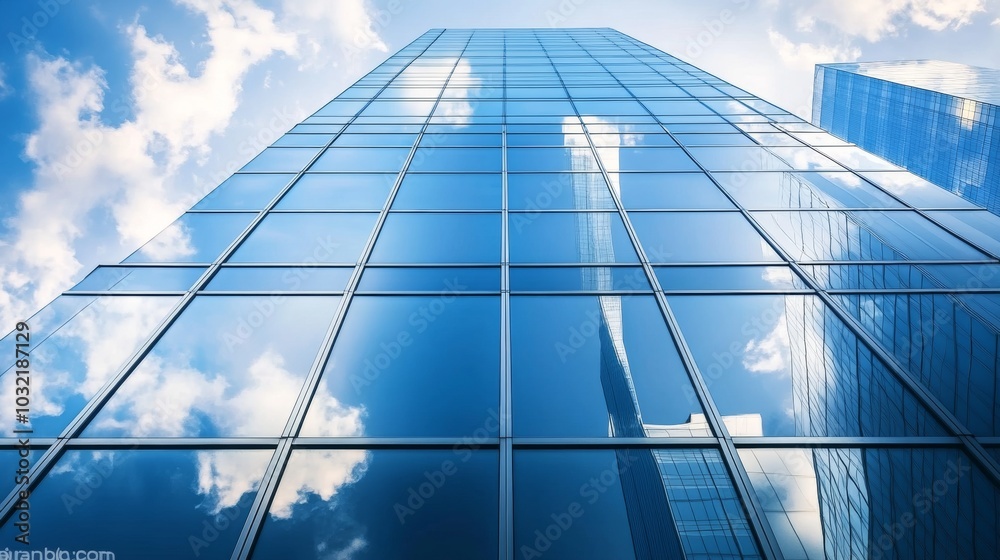 Modern Glass Skyscraper Facade, Architectural Detail, Office Building Exterior, Blue Sky Reflection Modern Glass Skyscraper Facade, Architectural Detail, Office Building Exterior, Blue Sky Reflection