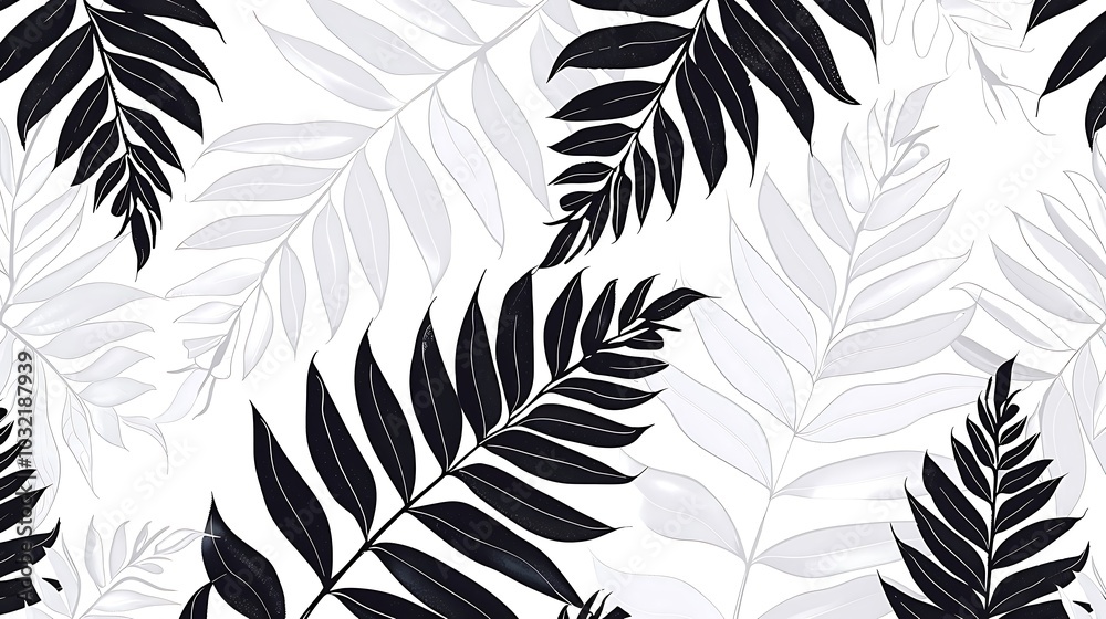 Obraz premium Seamless pattern of black and white tropical palm leaves on a white background.