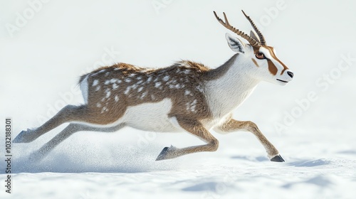 3D antelope frozen midrun, startled expression, white background photo