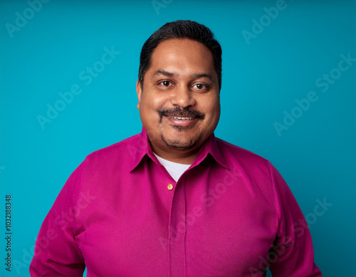 Headshot Portrait of a Smiling Mature Man with Contemporary Style, Isolated on Color Background with Ample Copy Space