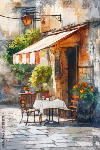 European Summer Cafe Scene. Watercolor Illustration of Cosy European Cafe with Umbrella and Chairs near Rose Bush