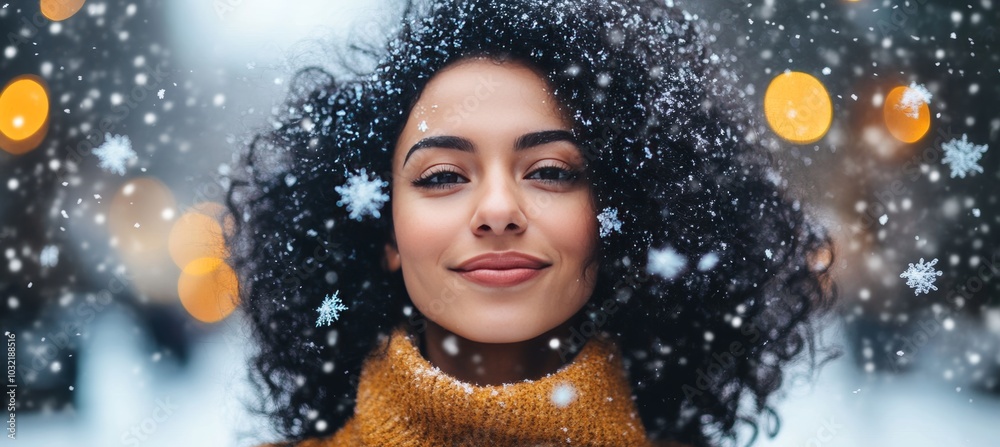 Beautiful Woman with Snowflakes in Her Hair Enjoying Winters Embrace, Close Up Portrait Beautiful Woman with Snowflakes in Her Hair Enjoying Winters Embrace, Close Up Portrait