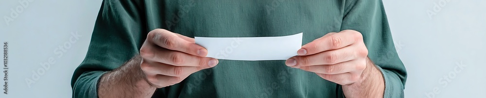Fototapeta premium A person is holding a blank card between their hands, ideal for showcasing communication concepts, identity, and minimalist design. Perfect for various creative projects.