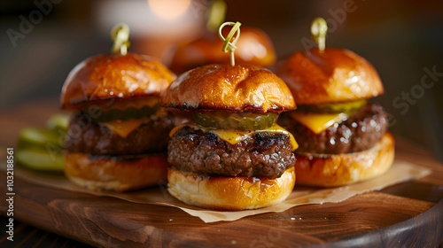 A trio of mini beef sliders with cheese and pickles