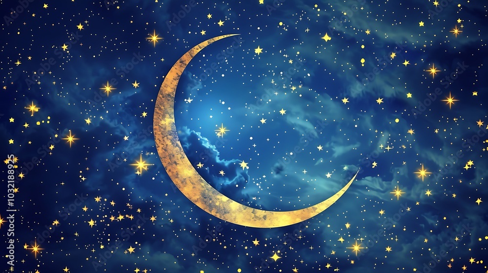 Naklejka premium The image is a beautiful night sky with a crescent moon. The sky is dark blue and the stars are bright white.