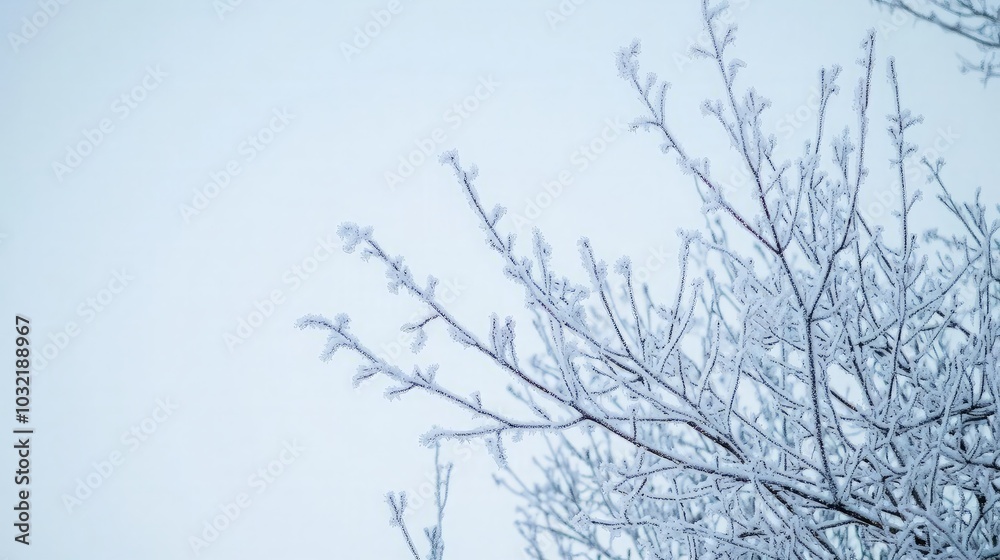 Close-up of frost-covered tree branches against a blue sky. Close-up of frost-covered tree branches against a blue sky.