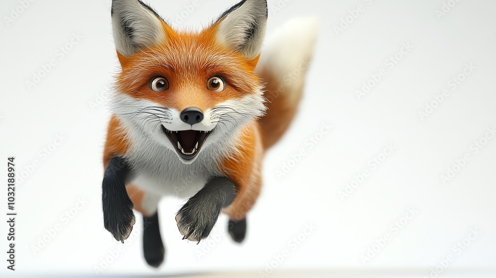 Obraz premium 3D fox caught midleap with a surprised expression, white background