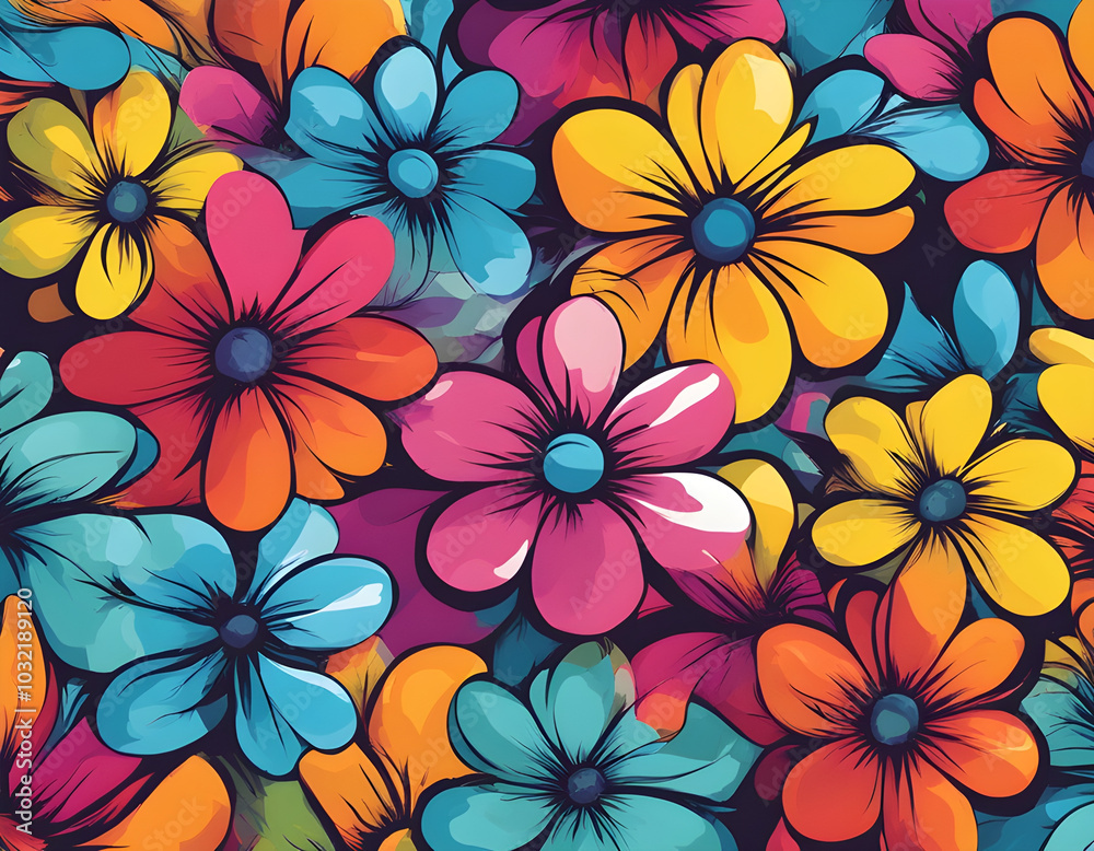 colorful flower with cool isolated pop art style background